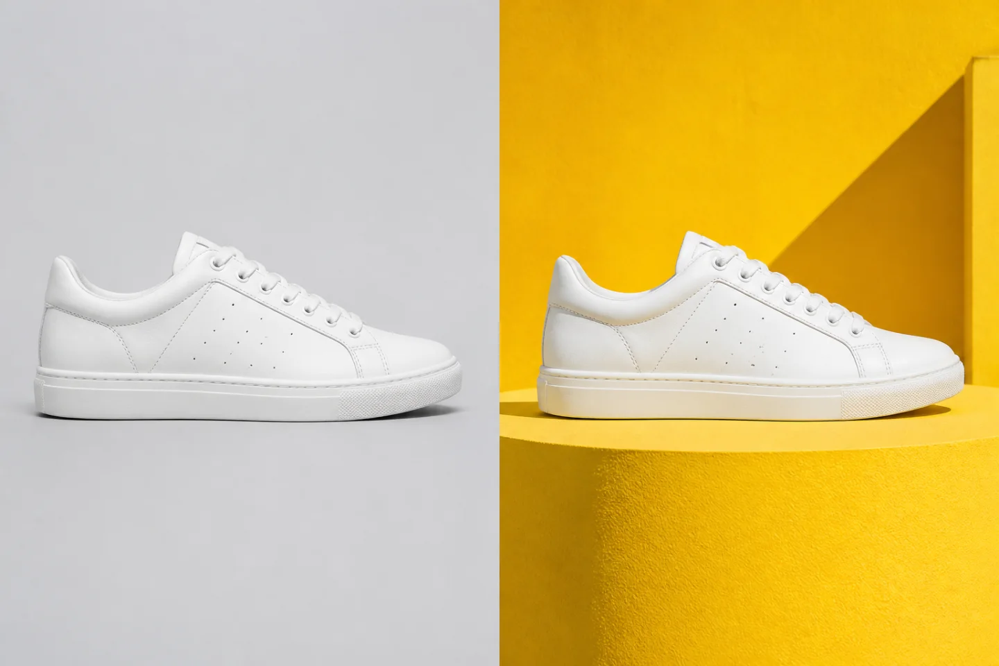 Before and after AI edit of a white sneaker on a yellow campaign set